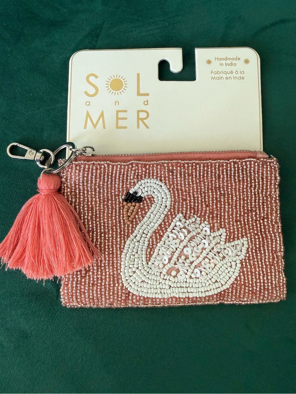 🦢 Sol and Mer Beaded Swan Tassel Coin Pouch - Coral Pink